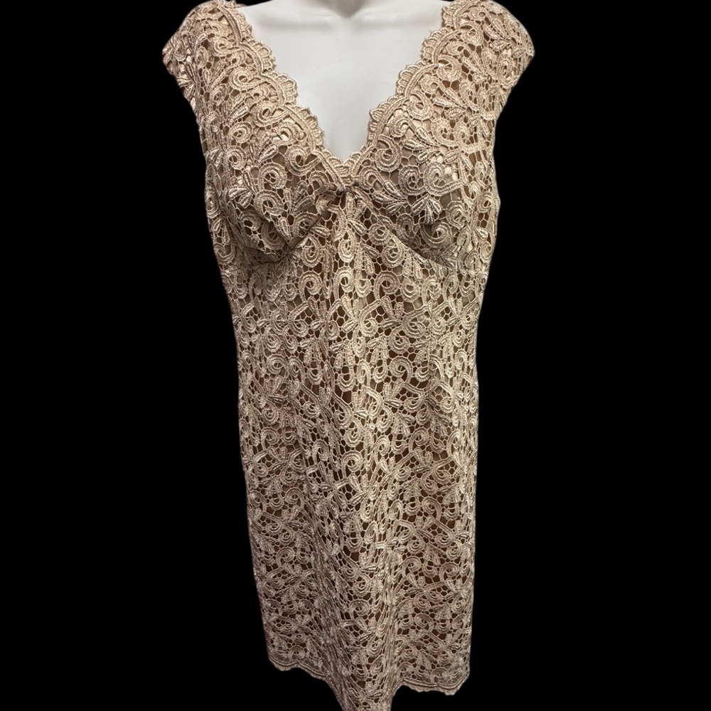 MARINA ivory gold embroidered lace overlay sheath mini dress size 8